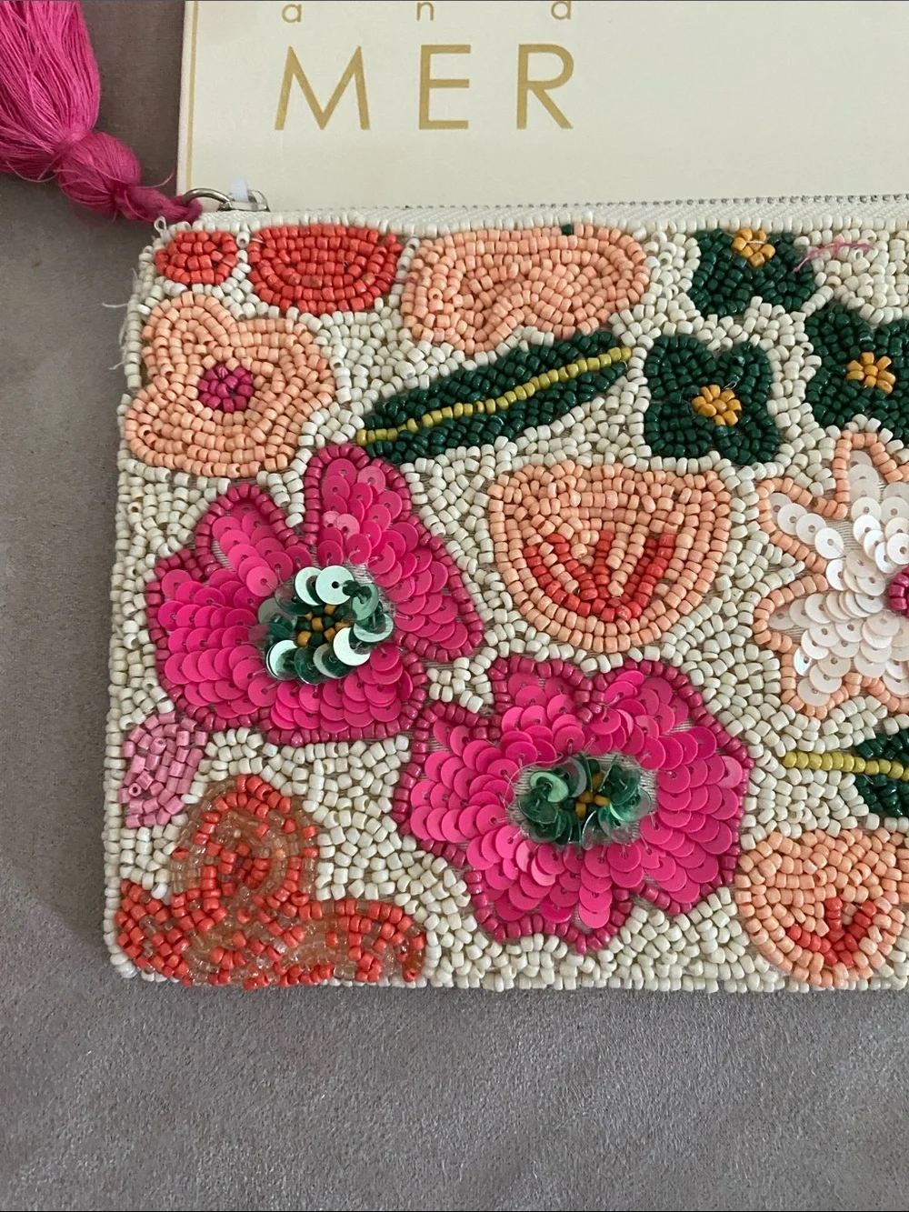 Pink Floral Beaded Zip Pouch/Clutch. NWT. LARGE